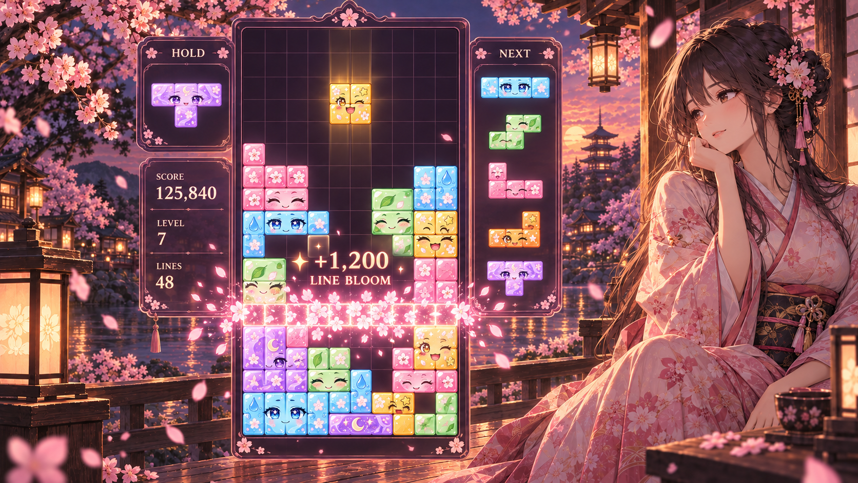 Tetris Anime Sakura Girl game in progress with a half-filled board, illustrated character blocks, a glowing sakura line clear, and an animated score reward