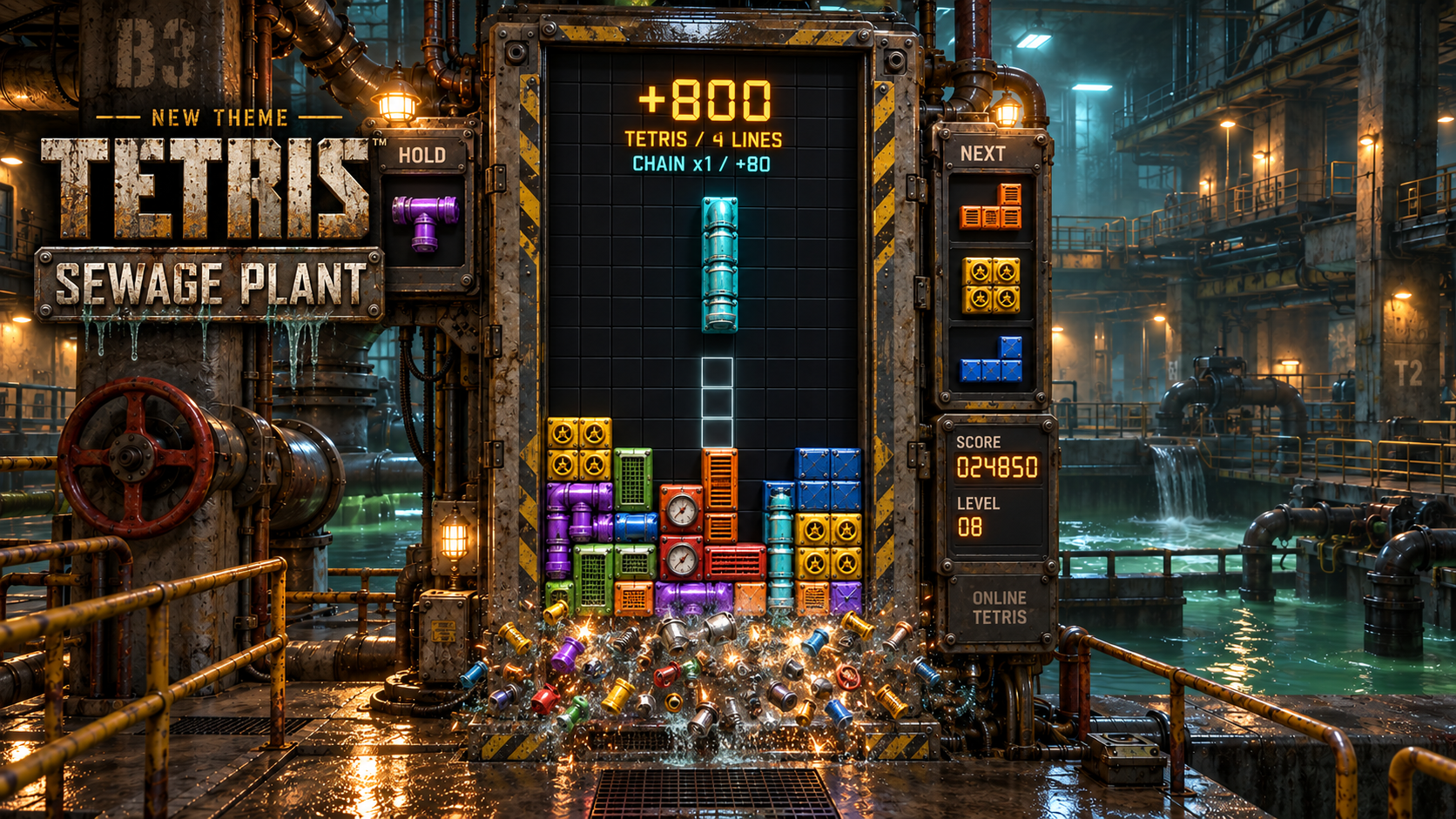 Tetris Sewage Plant promotional artwork with industrial blocks, an amber score reward, and a mechanical line-clear burst